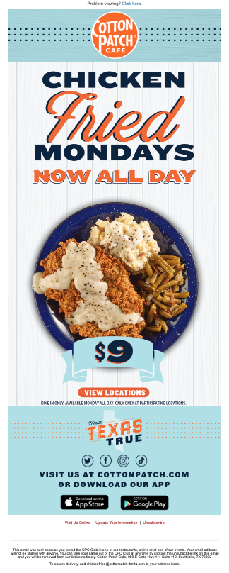 Cotton Patch Cafe's Chicken Fried Mondays Email Marketing