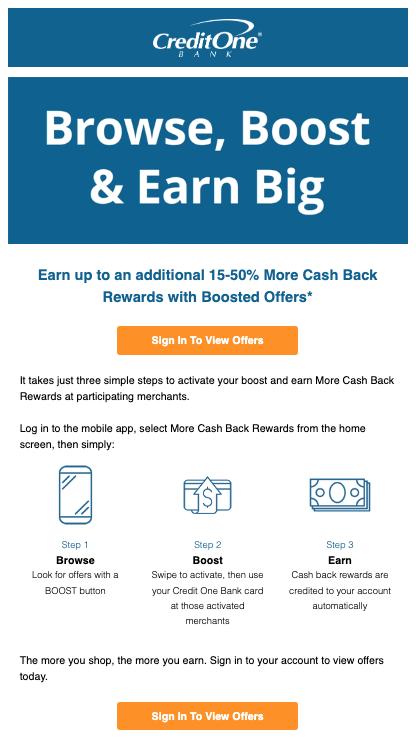 CreditOne Bank Browse, Boost & Earn Big Cashback Rewards email marketing