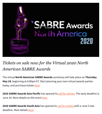 The SABRE Awards North America virtual event email marketing