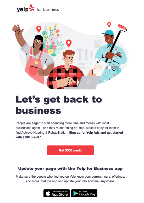 Yelp for business "Let's get back to business" business owners email marketing