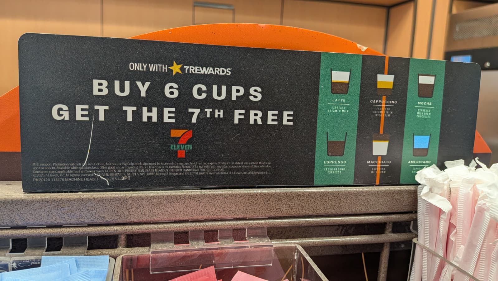 7-Eleven 7REWARDS coffee choices including Latte, Mocha, Espresso, Americano, Cappuccino and Macchiato with Buy 6 Cups Get the 7th Free