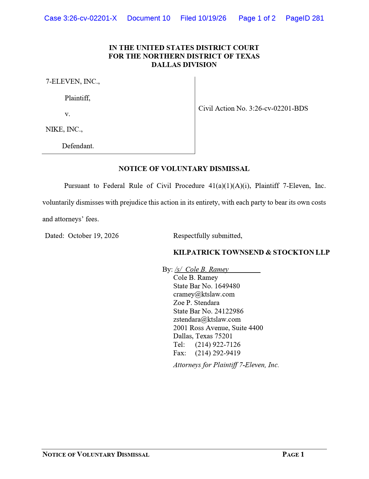 7-Eleven notice of voluntary dismissal in the Nike case