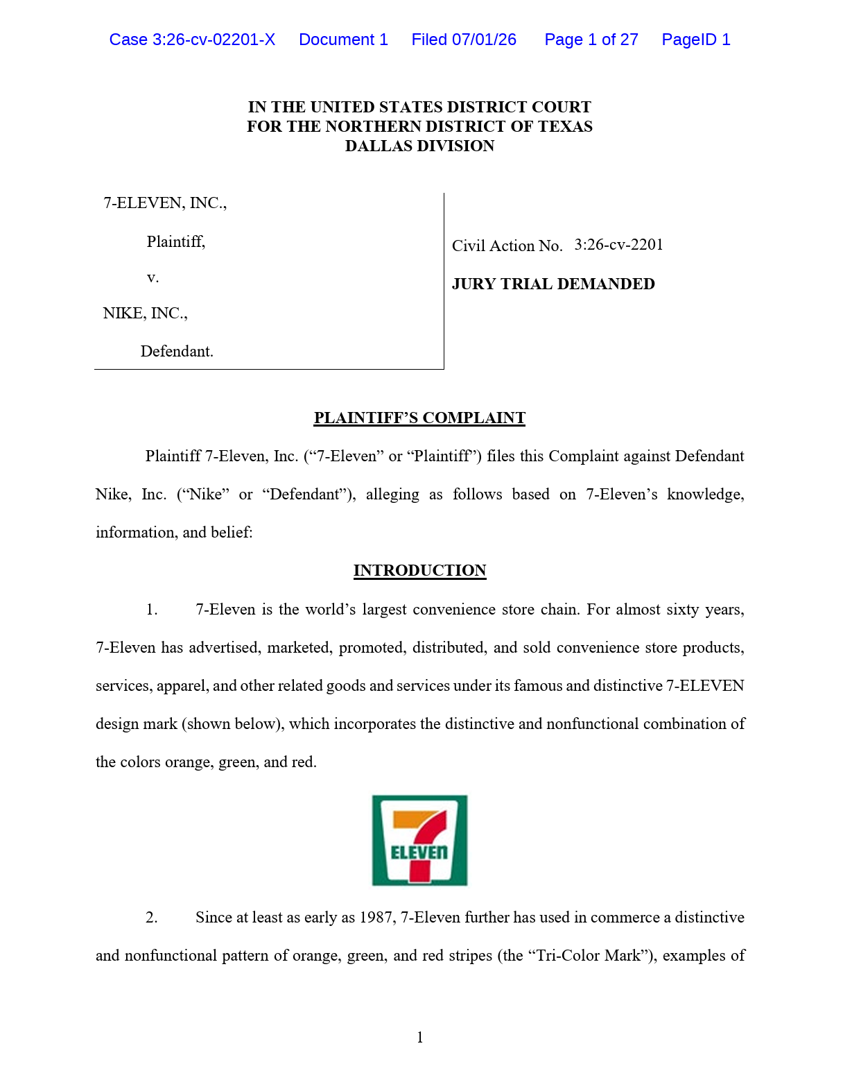 First page of 7-Eleven plaintiff complaint against Nike Inc.