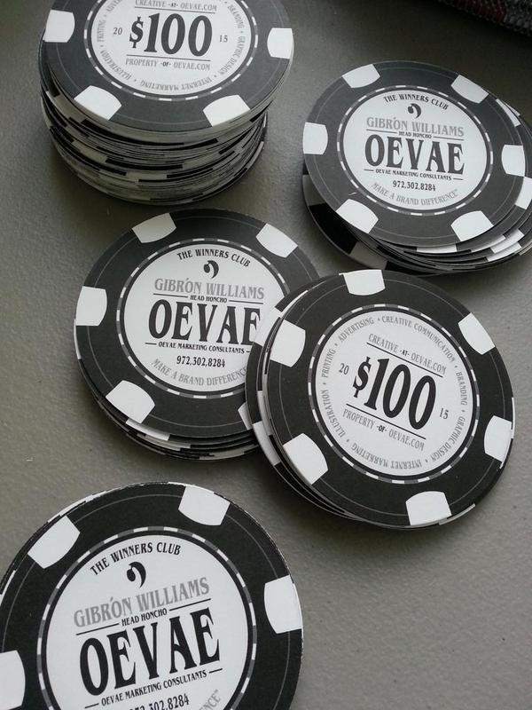 Oevae Marketing Consultants black 100 dollar poker chip business card design
