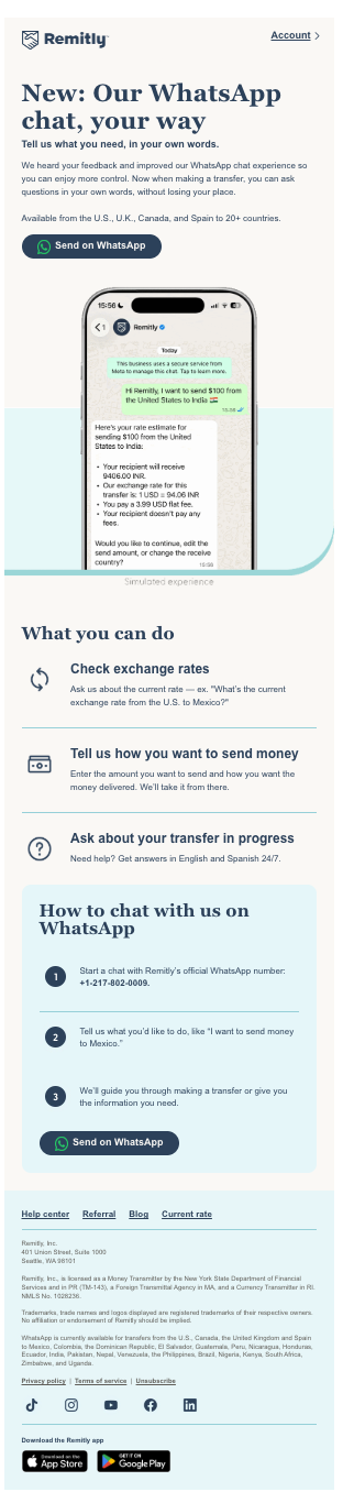 Complete Remitly marketing email introducing its WhatsApp chat experience